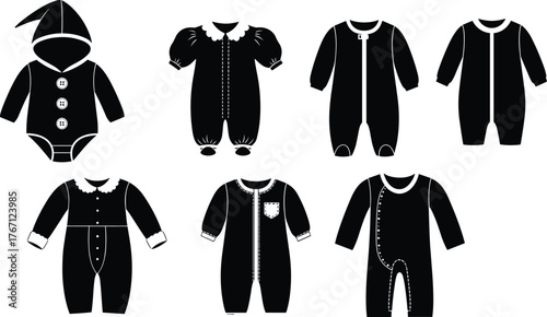 Baby romper and jumpsuit clothing collection, infant fashion design set, newborn outfit illustration, toddler apparel vector style icons