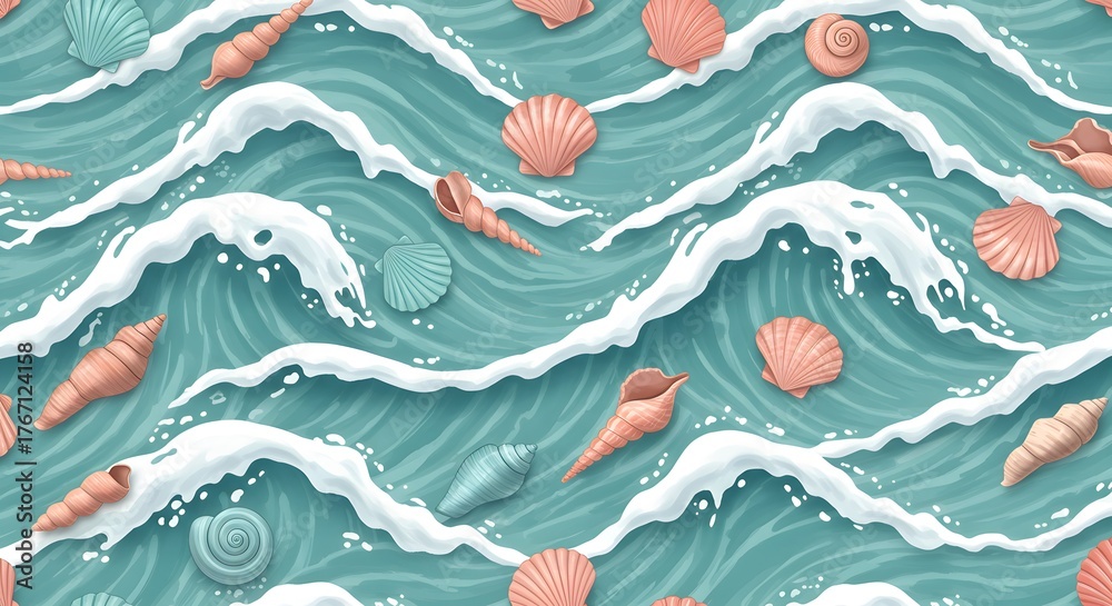 Seamless Pattern of Ocean Waves and Seashells