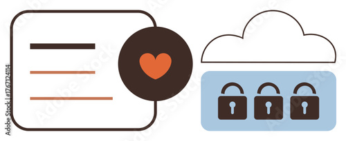 Heart icon linking cloud storage with three locks and a document interface, symbolizing secure and empathetic digital data storage. Ideal for cybersecurity, trust, privacy, data management, cloud