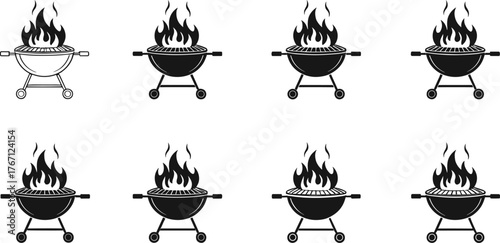 Barbecue grill with flame icon set, BBQ cooking illustration, outdoor party design, summer picnic symbol, charcoal fire concept