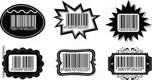 Barcode label design collection, modern product tag set, black and white barcode illustration, retail marketing concept, commercial packaging identification graphics