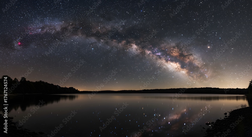 Fototapeta premium Majestic Milky Way Galaxy Reflected in Calm Lake Under Starry Night Sky