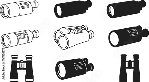 binoculars and telescope icon set, optical equipment vector illustration, spyglass, monocular, field glasses, black white design, exploration tools