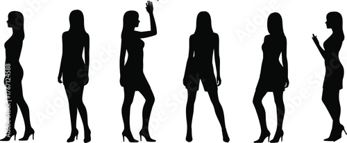 Female silhouette poses, black fashion figures, standing woman shapes, high heel posture, short dress design, vector illustration, elegance, style, minimal art