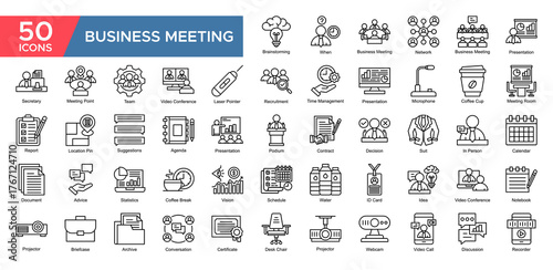 Business Meeting collection set. Brainstroming, Business Meeting ,Network, Presentation, Business Meeting, Recruitment , Team Management, Vision, icon. Simple Outline vector illustrati