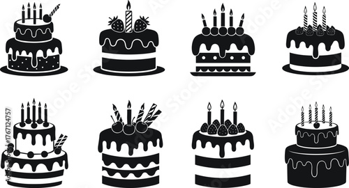 Birthday cake, sweet dessert, party food, bakery cake, chocolate icing, festive celebration, cake icon and birthday pastry