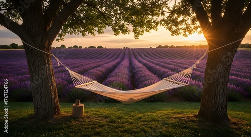 Tranquil Hammock Between Trees Overlooking Lavender Field at Sunset