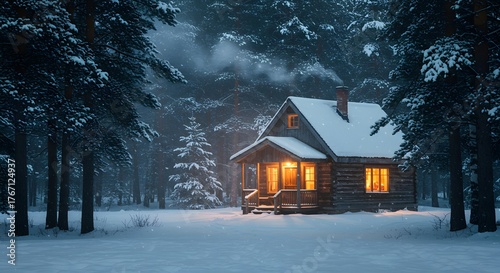 Cozy Wooden Cabin in Snowy Forest at Dusk