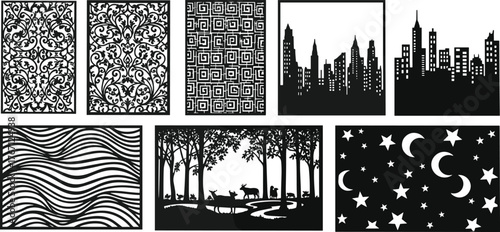 Black and white decorative pattern set, geometric floral cityscape forest and night sky vector designs for laser cutting art