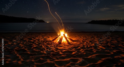 Campfire on a sandy beach under a starry night sky