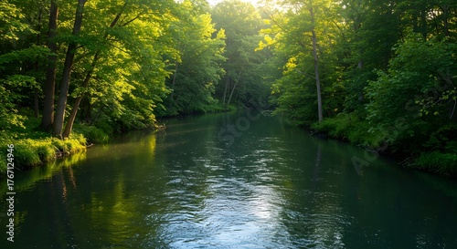 Serene Forest River at Golden Hour with Lush Green Trees and Sunlight Reflections