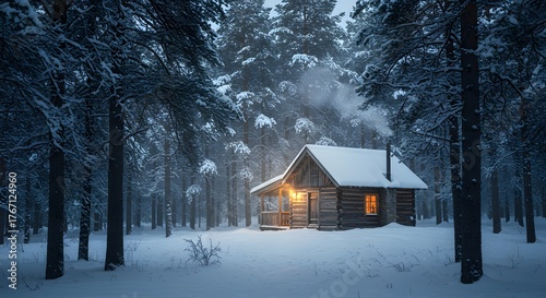 Cozy Log Cabin in Snowy Pine Forest at Dusk with Warm Light