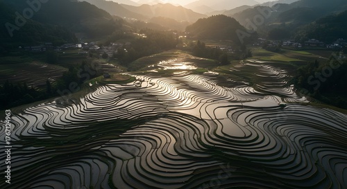 Golden Sunrise Over Lush Terraced Rice Paddies in a Misty Mountain Valley