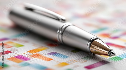 Silver Pen on Colorful Design - Creative Writing Stock Photo