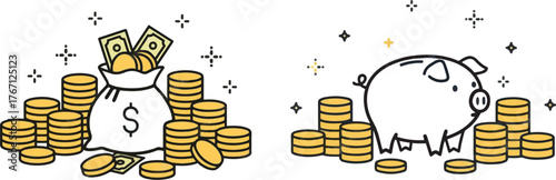 Simple Vector Icon Illustration of Piggy Bank and a Pile of Coins