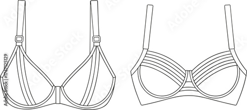 CAD drawing flat vector illustration, technical lingerie design, bra fashion sketch, undergarment blueprint, apparel construction, garment detail line art