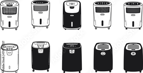 Black and white portable air cooler vector set, electric home appliance icon collection, cooling system illustration for summer temperature control