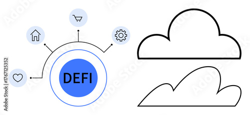 Circular DEFI element connected to gear, home, heart, shopping cart icons alongside cloud outlines. Ideal for finance, technology, blockchain, innovation, network digital economy simple flat