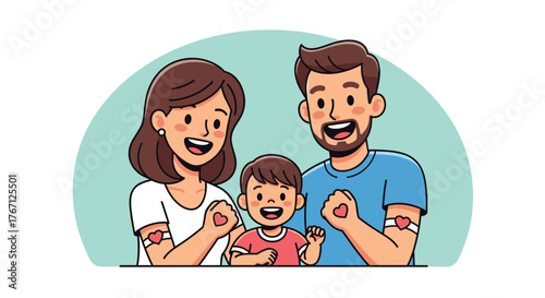 Cheerful family supports blood donation drive with heart bandages, a symbol of love and health, promoting community wellness and awareness