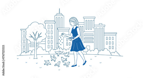 Charming minimalist illustration of woman feeding birds in city park, evokes peaceful feelings and urban nature connection, use for wellness campaigns