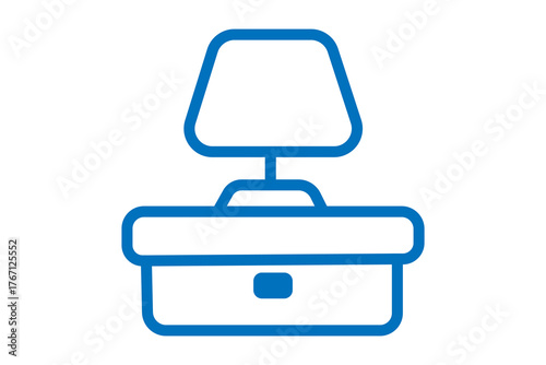 The image shows a blue icon of a table lamp placed on a nightstand or bedside table.