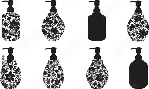 Black floral soap dispenser silhouette set, elegant lotion bottle vector illustration, bathroom decor, hygiene container design for product branding