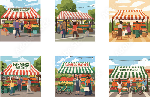 Colorful farmers market vector illustration showing people buying fresh fruits and vegetables from outdoor stalls under striped tents in community sceneColorful farmers market vector illustr
