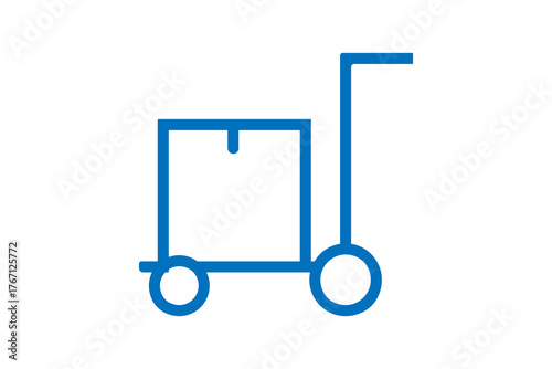 The image is a simple, minimalist line icon depicting a hand truck, also known as a dolly or luggage cart, transporting a box.