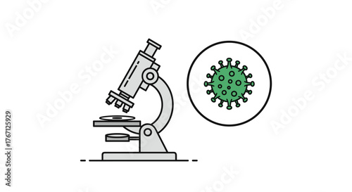 Microscope examining a vibrant green virus particle, symbolizing scientific research and discovery in healthcare
