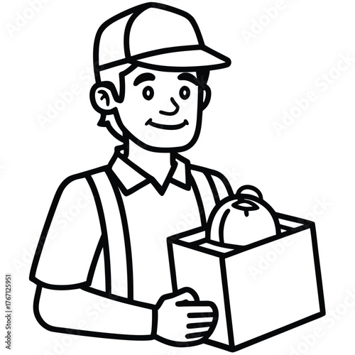 A delivery man with food bag line art