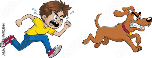 Cartoon boy running in fear, chased by angry dog, dynamic action scene, expressive characters, vector illustration, humor, emotion, storytelling design