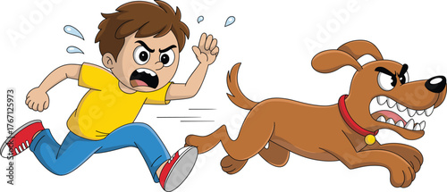 Cartoon boy running scared, chased by angry dog, dynamic action scene, expressive characters, humor, emotion, vector illustration, storytelling, panic moment