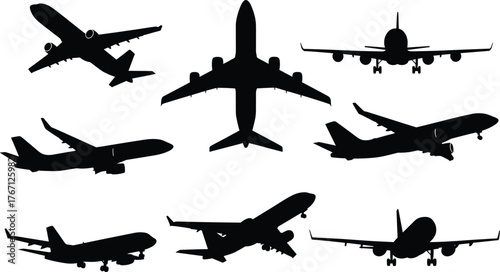 Commercial airplane silhouettes in flight from multiple angles, showcasing jet design, aircraft structure, aviation diversity, and vector illustration concept.