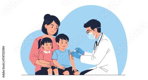 Caring doctor administers vaccine to child with supportive mother and sister nearby, promoting pediatric healthcare and wellness