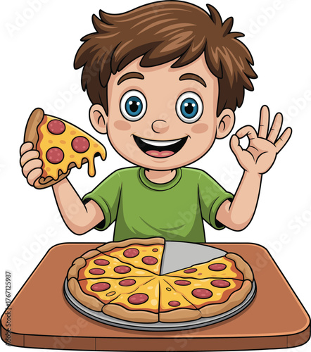 Cartoon child eating pizza, happy face, pepperoni slice, OK gesture, table scene, vector illustration, food enjoyment, snack time, lunch moment