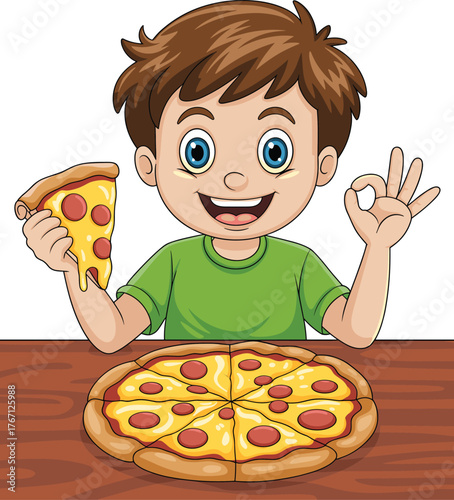 Cartoon child eating pizza, happy expression, pepperoni slice, OK hand gesture, table scene, vector illustration, food enjoyment, snack time, lunch moment
