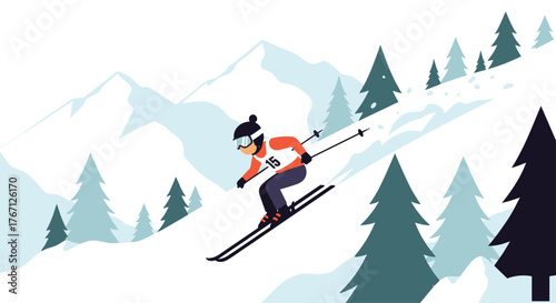 Dynamic skier races down snowy mountain slope surrounded by pine trees, capturing winter sport excitement and adventure