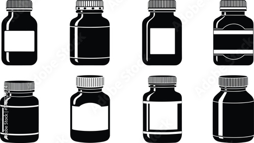 Black medicine bottle vector set, pharmaceutical container design, pill jar illustration, supplement packaging concept, medical storage graphic, healthcare product icon