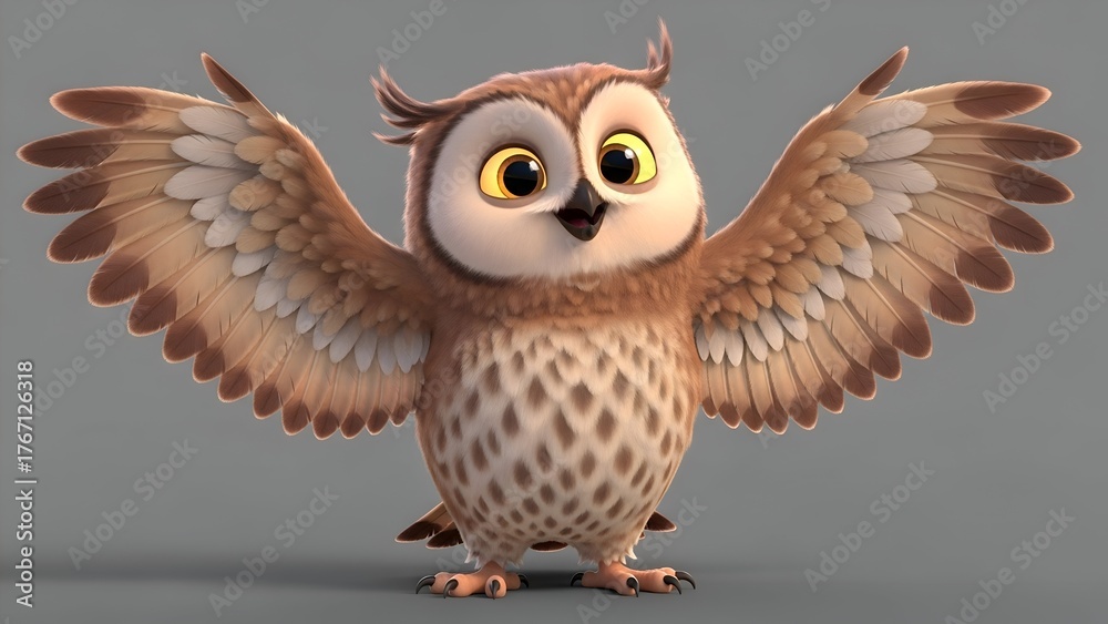 Obraz premium Cartoon owl with open wings against a neutral background