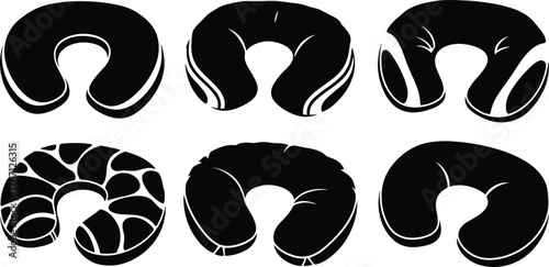 Black neck pillow vector set, travel cushion illustration for airplane comfort, relaxation, sleeping support and ergonomic travel accessory design