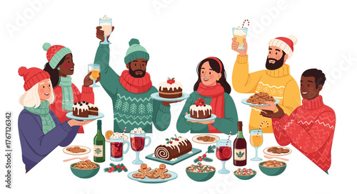 Joyful diverse friends celebrating winter holidays with festive treats and warm drinks at a cozy gathering