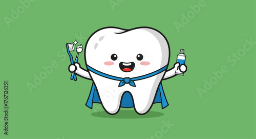Adorable superhero tooth character with toothbrush and toothpaste ready to protect smiles and promote dental hygiene for kids
