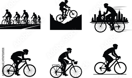 Cycling Silhouettes in Urban, Mountain, and Sport Scenes – Vector Set of Commuting, Racing, and Leisure Biking for Active Lifestyle Concepts