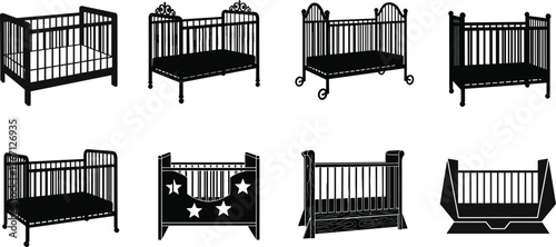 Black silhouette baby cribs and cradle vector illustration, nursery furniture design set, infant bed collection, isolated on white background