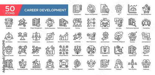 Career Development collection set. Assessment, Certification ,Skill Development, Project Management, Retetion, Counselling , Success, Soft Skills, icon. Simple Outline vector illustrati