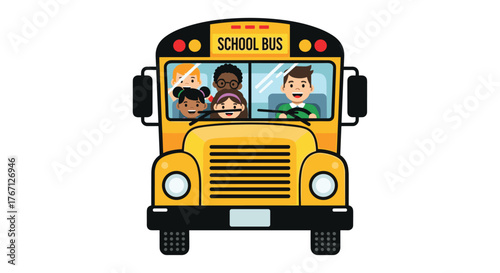 Joyful diverse children excitedly ride a bright yellow school bus driven by a smiling young man, ready for learning adventures