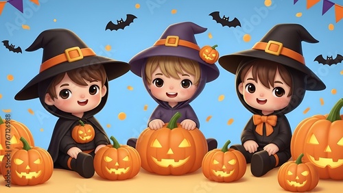 Children in halloween witch costumes with pumpkins and bats illustration