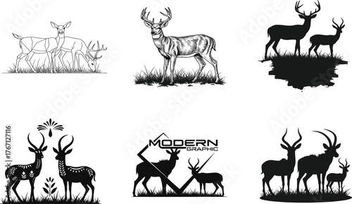 Deer and antelope wildlife silhouette and realistic illustration set, forest nature vector design for animal, outdoor, and natural art themes