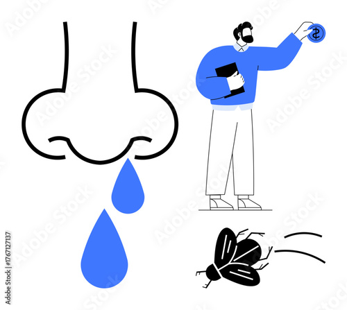 Nose with dripping liquid symbolizing allergies, flying insect triggering reaction, and man holding medicine. Ideal for allergy prevention, healthcare, seasonal sickness, illness solutions, medical