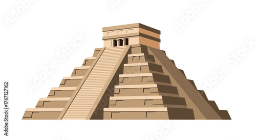 Majestic ancient Mayan pyramid structure with grand staircase reaching skyward, evoking history and discovery